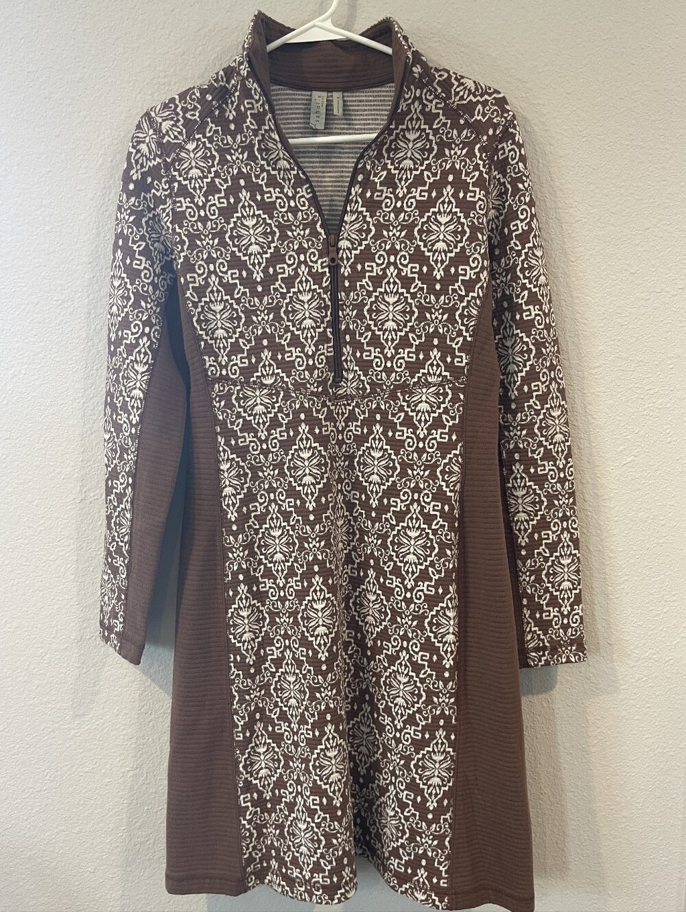 Sahalie Womens Anthropologie Brown Cream Ribbed Printed 1/2 Zip Dress Size Med